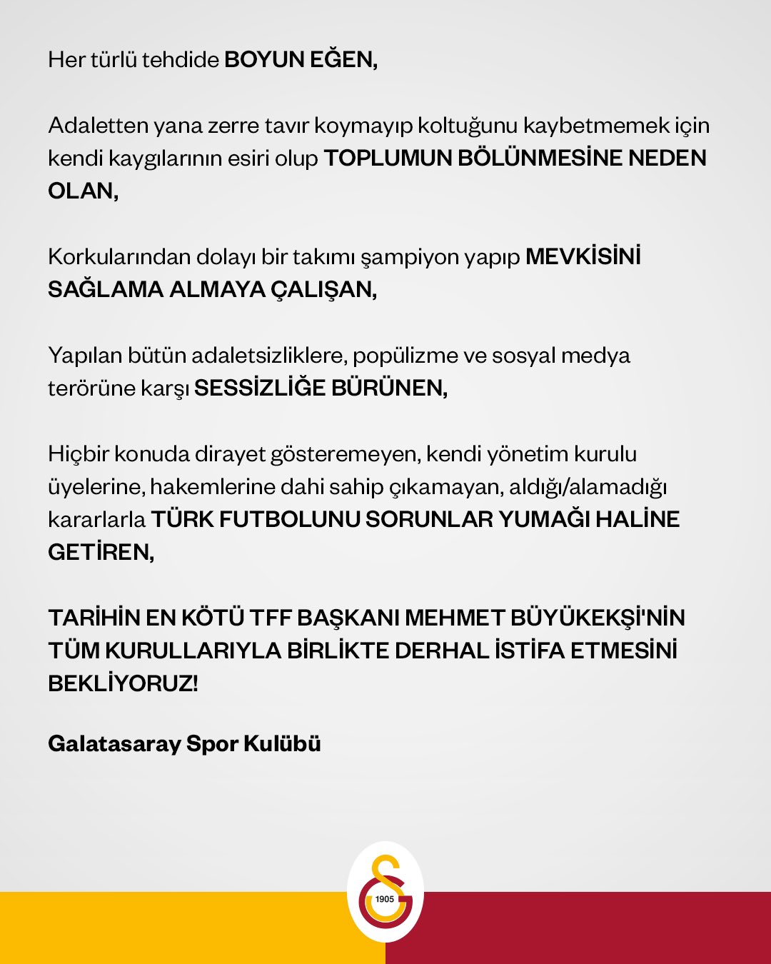 Galatasaray, TFF'yi istifaya çağırdı