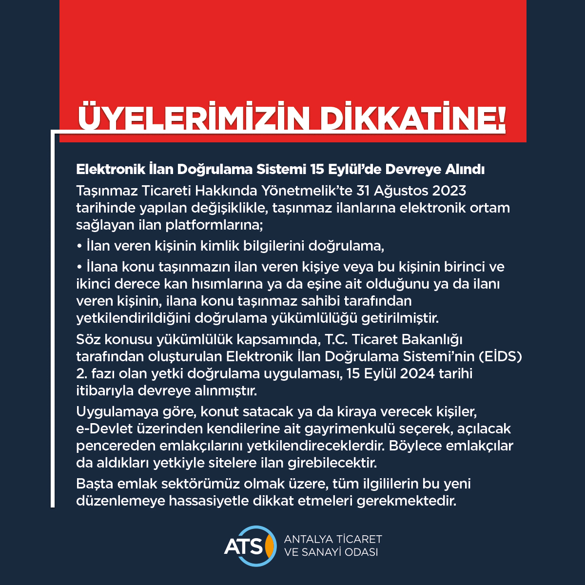 Antalya Ticaret ve Sanayi Odası’ndan Üyelerine Önemli Uyarı