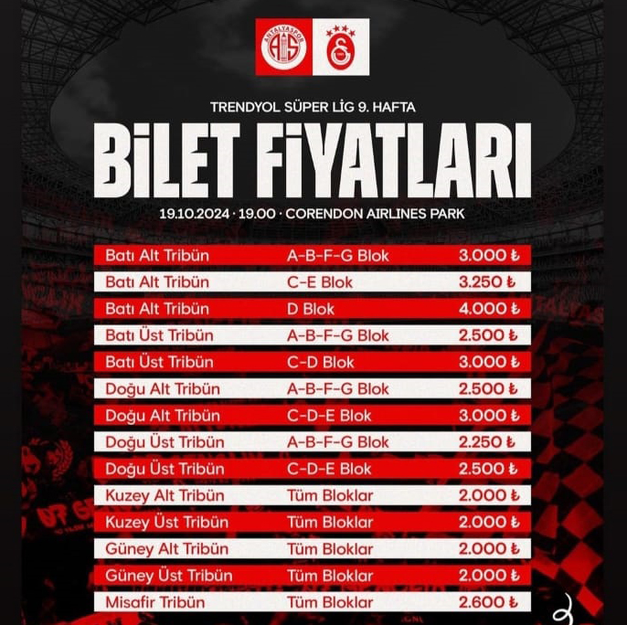 Antalyaspor - Galatasaray Maçının Bilet Fiyatları Belli Oldu!
