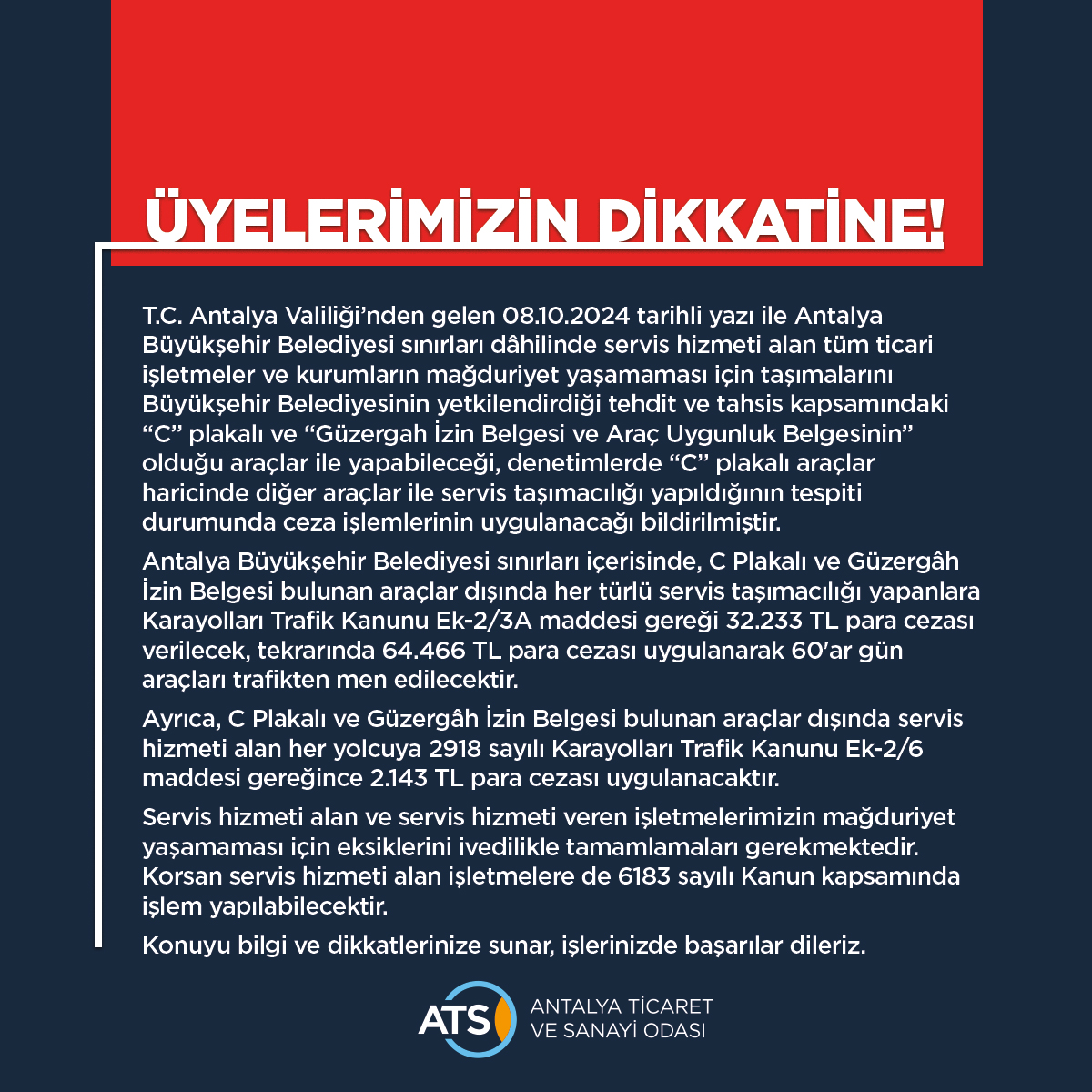 ATSO servis hizmeti ile ilgili uyarıda bulundu!