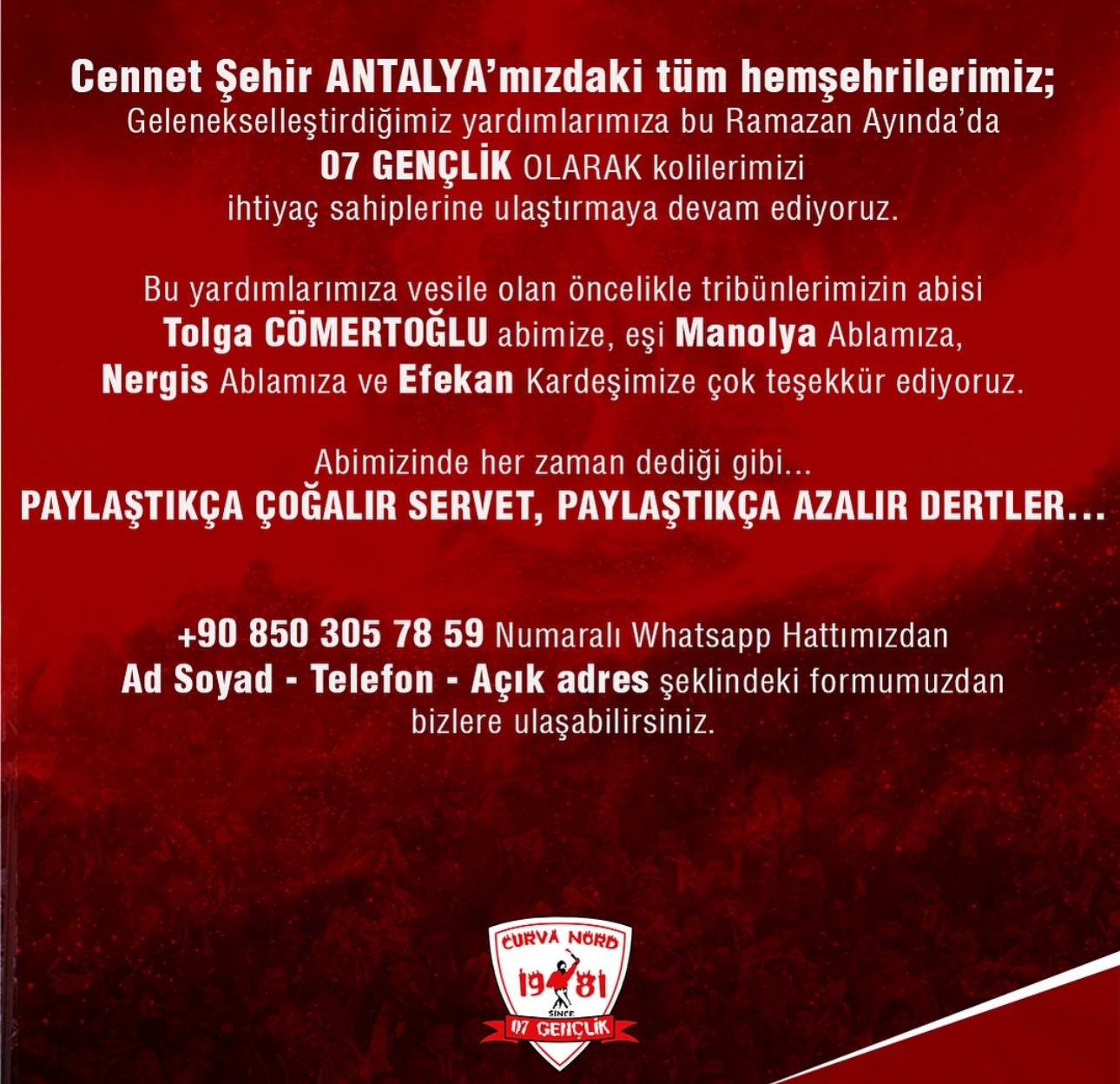 07 Gençlik Taraftar Grubu’ndan Ramazan Ayı’nda Anlamlı Yardım
