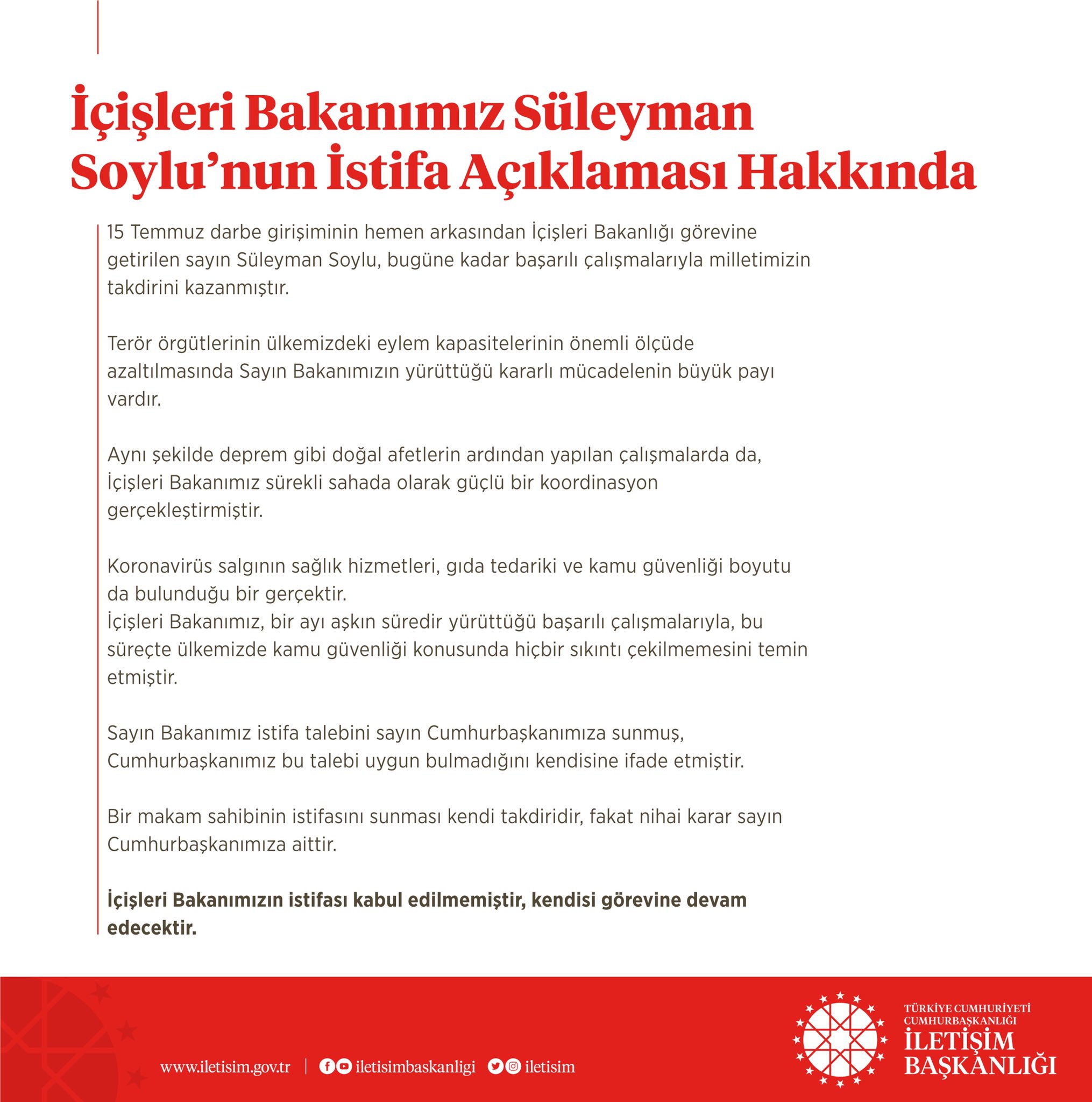 İçişleri Bakanı Süleyman Soylu istifa etti, istifası kabul edilmedi