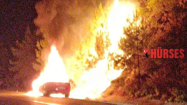 Otomobilde çıkan yangın, ormana da sıçradı