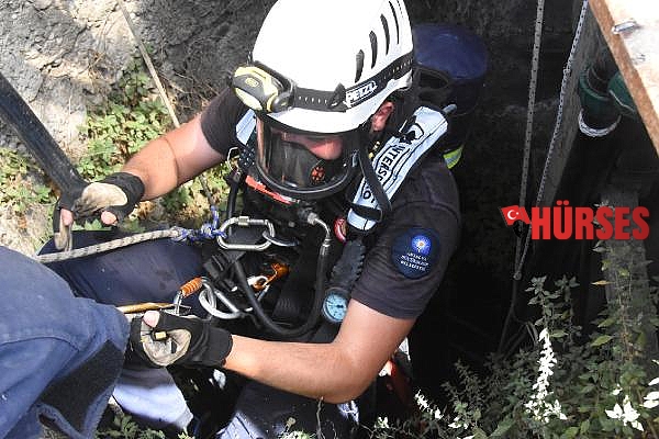 Kuyuya düşen kediye halatlı kurtarma operasyonu