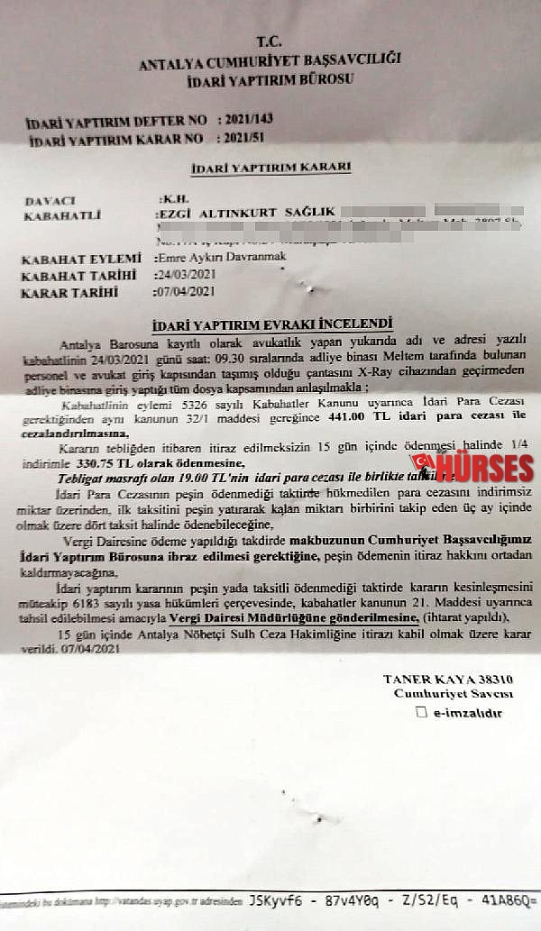 Çantasını x-ray cihazından geçirmeyen avukata 441 TL ceza