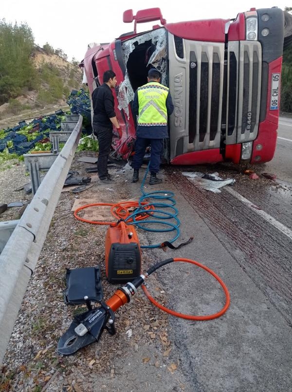 Sebze yüklü TIR devrildi, sürücü öldü