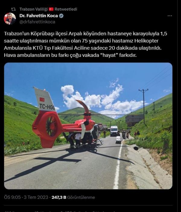 Protezi çıkan hasta, ambulans helikopterle 20 dakikada hastaneye ulaştırıldı