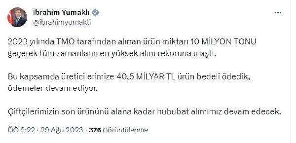 Bakan Yumaklı: TMO, en yüksek ürün alım rekoruna ulaştı