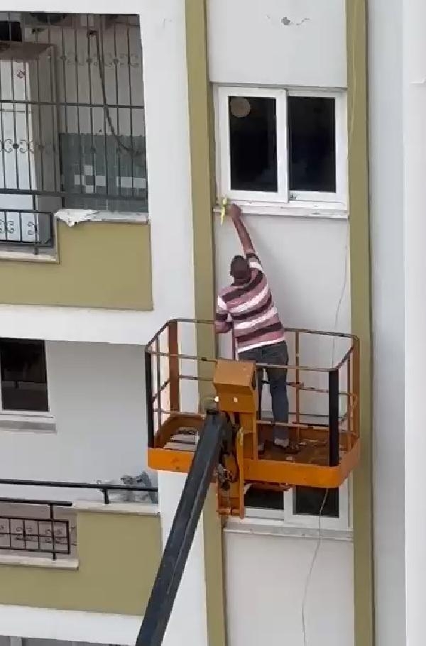Evden kaçan papağan, 3'üncü kat penceresinden vinçle alındı