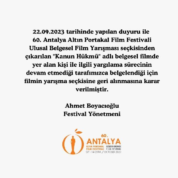 Altın Portakal'da 27 filmi ve jüriyi çektiren 'Kanun Hükmü' filmi, geri alındı
