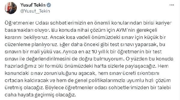 Bakan Tekin: 'Kariyer Basamakları Sınavı' için düzenleme planlıyoruz