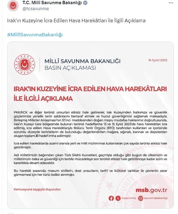 MSB: Irak'ın kuzeyinde 31 terörist hedef imha edildi
