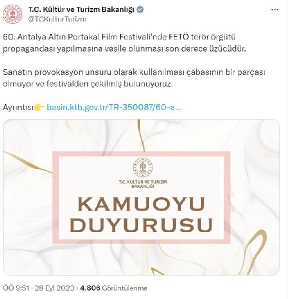 Son dakika! Kültür ve Turizm Bakanlığı, Altın Portakal'dan çekildi