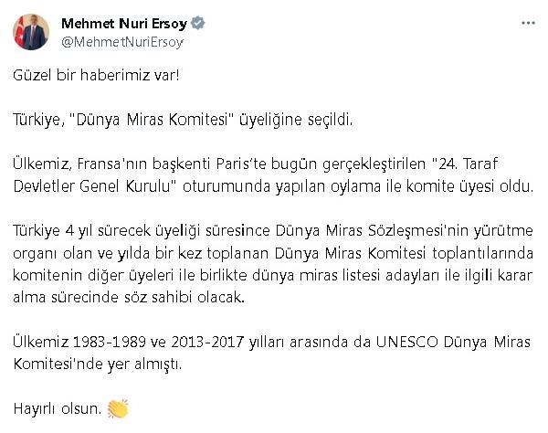 Bakan Ersoy: Türkiye, 'Dünya Miras Komitesi' üyeliğine seçildi