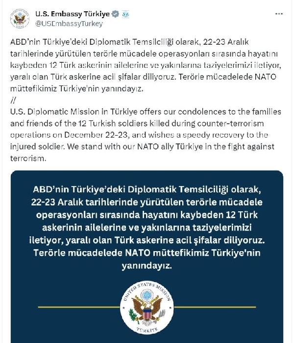 ABD Büyükelçiliği'nden şehitler için taziye