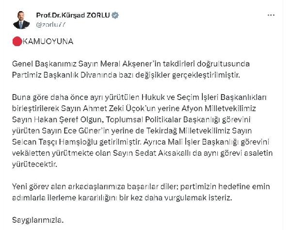 İYİ Parti'de görev değişikliği