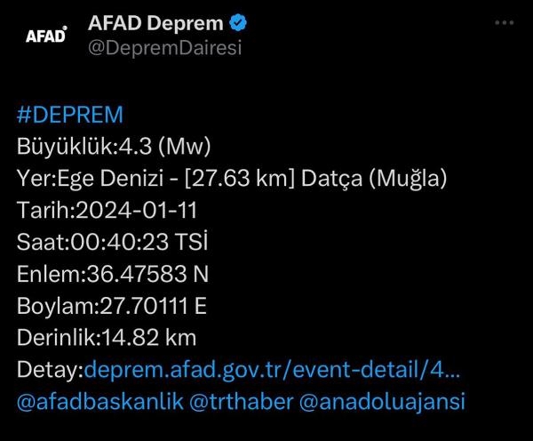 Muğla'da 4,3 büyüklüğünde deprem