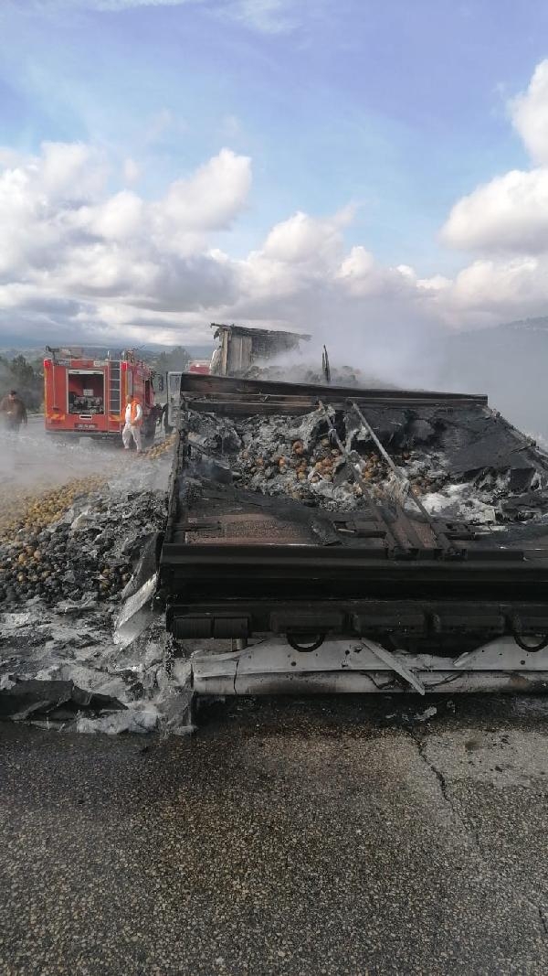 Narenciye yüklü TIR, otoyolda alev alev yandı