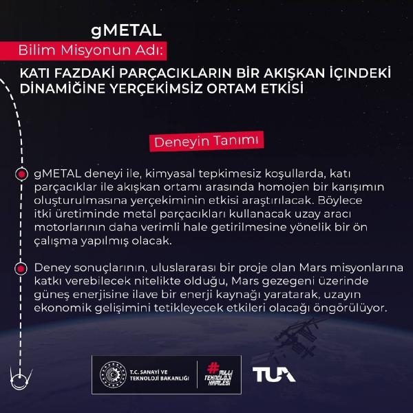 TUA, 'g Metal' deneyinin tanıtımını paylaştı