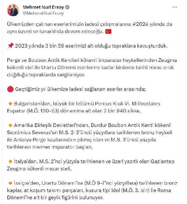 Türkiye'den çalınan 3 bin 59 tarihi eser, 2023'te ülkeye getirildi 