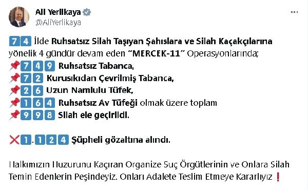 Bakan Yerlikaya: 'Mercek-11' operasyonlarında 1124 şüpheli yakalandı