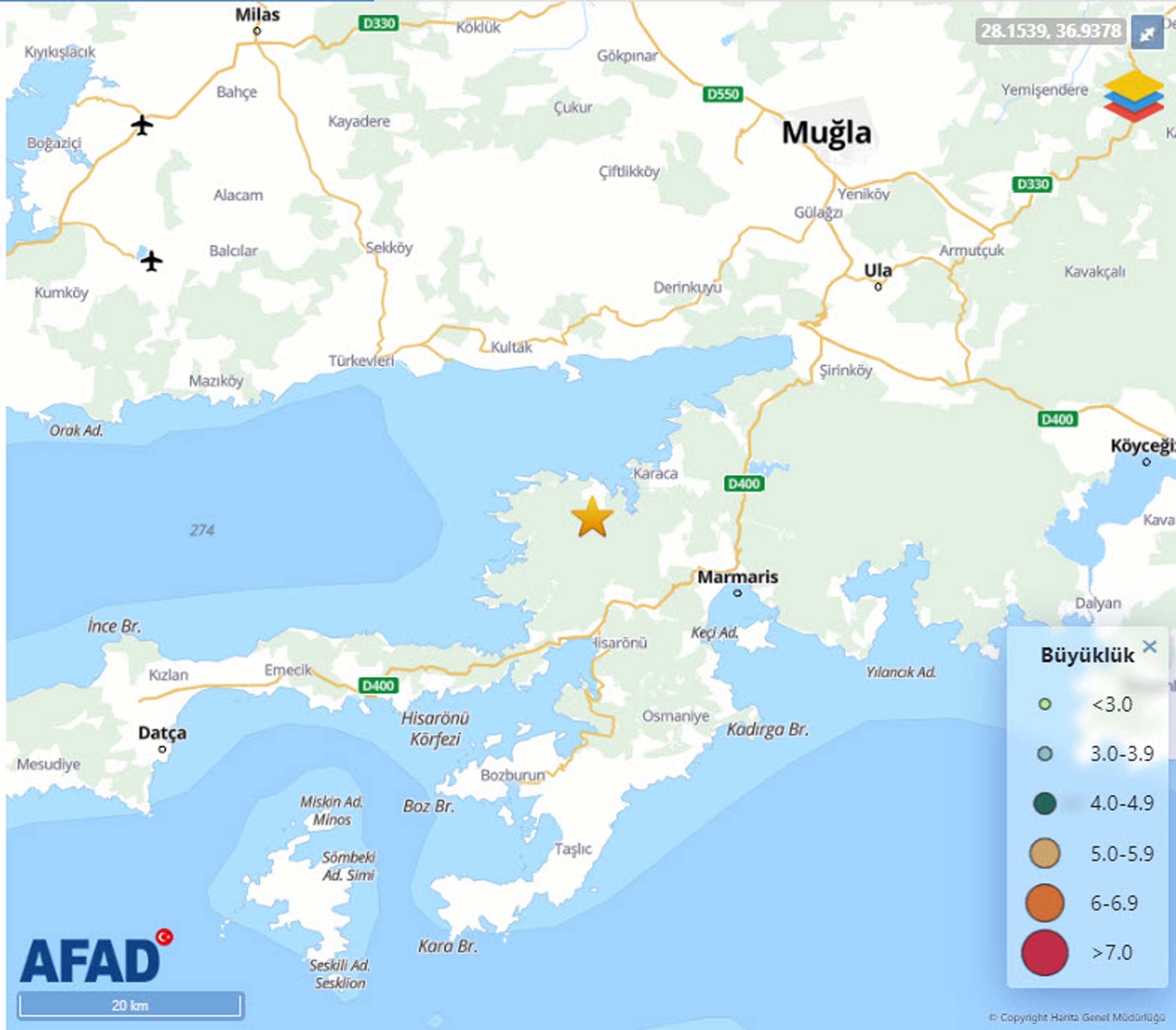 Muğla'da 4.4 büyüklüğünde deprem