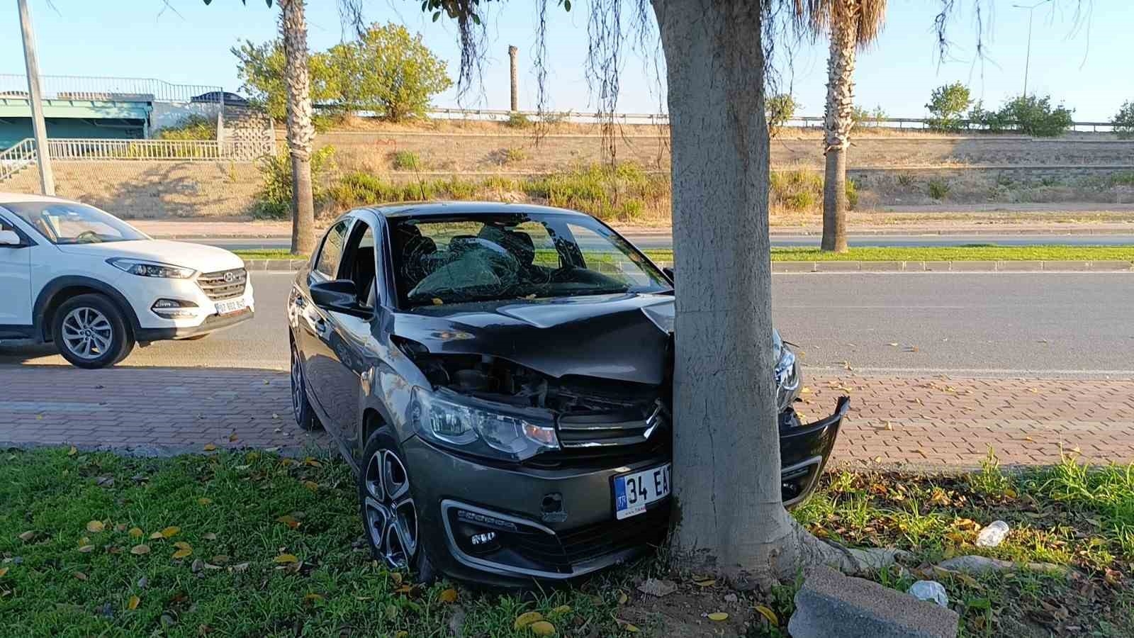 Virajı alamayan otomobil ağaca çarptı