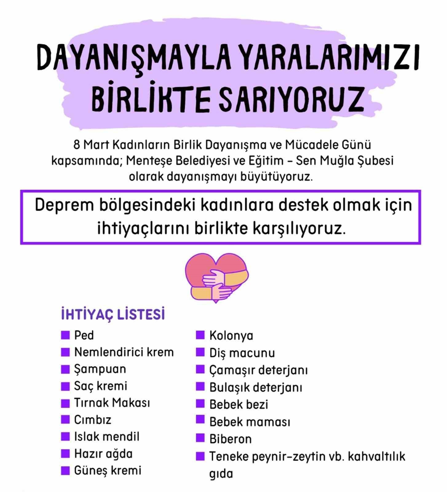 Menteşe'den depremzede kadınlar için dayanışma kampanyası