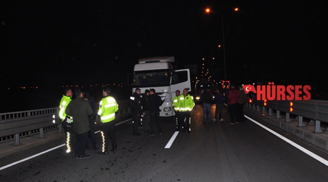 Patlak lastikle yola devam eden TIR yandı