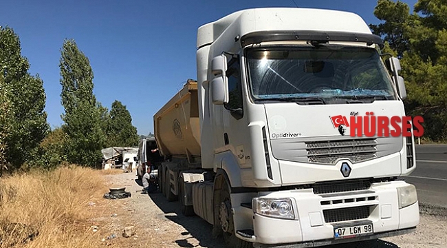 Lastiği patlayan kamyon orman yangını çıkardı