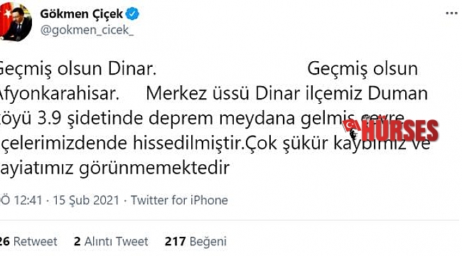 Dinar'da 3.9 büyüklüğünde deprem