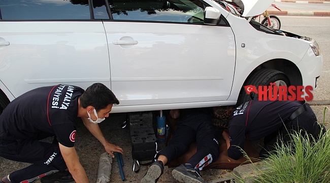 Araç motoruna sıkışan kediyi kurtarmak için seferber oldular