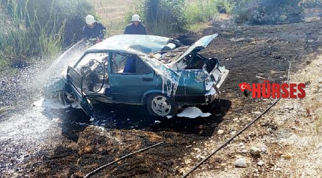 Takla atan otomobilde yangın çıktı