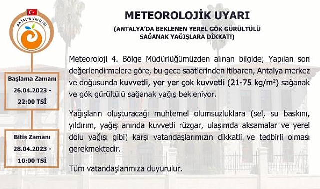 Antalya'da kuvvetli yağış uyarısı