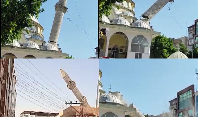 Kontrollü yıkılan minare kamyon ve iş yerlerine zarar verdi