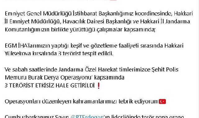 Bakan Yerlikaya: Hakkari'de 3 terörist etkisiz hale getirildi