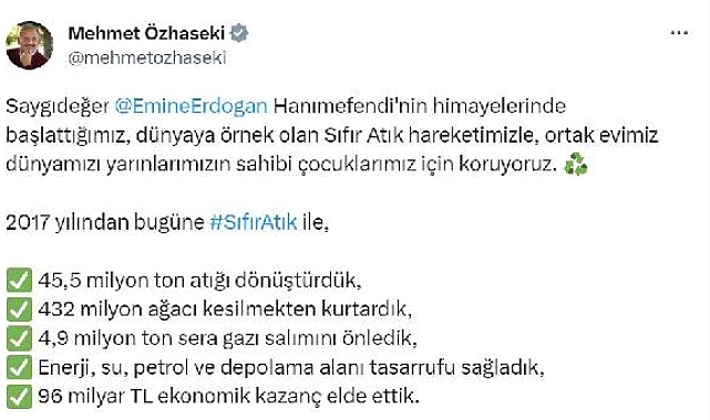 Bakan Özhaseki: Sıfır Atık ile 96 milyar TL ekonomik kazanç sağladık
