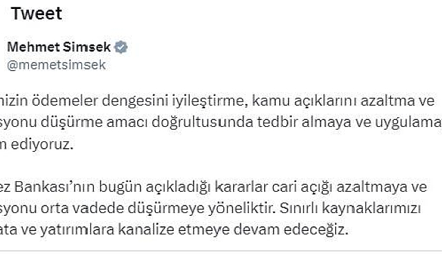 Bakan Şimşek: Enflasyonu düşürme tedbirlerimiz sürüyor