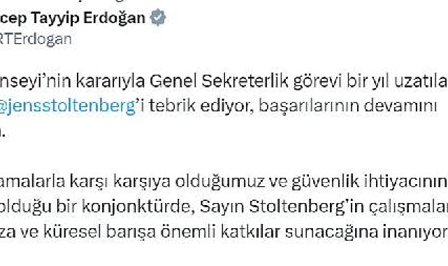 Cumhurbaşkanı Erdoğan'dan NATO Genel Sekreteri Stoltenberg'e tebrik