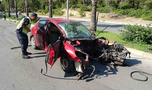 Palmiyeye çarpıp motoru gövdesinden ayrılan otomobilden hafif yaralı çıktı