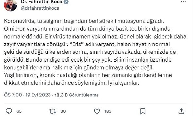 Bakan Koca: Eris, halkımız için gündem olmaya değer değil
