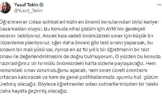 Bakan Tekin: 'Kariyer Basamakları Sınavı' için düzenleme planlıyoruz