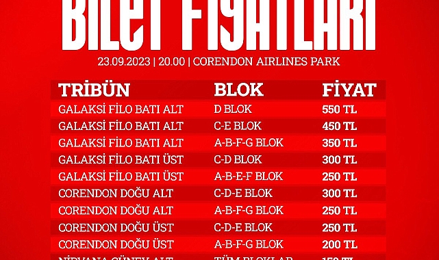 Bilet fiyatları açıklandı