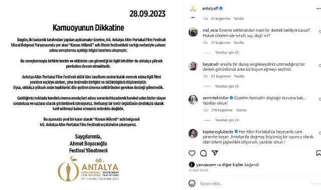 'Kanun Hükmü' filminin yeniden seçkiden çıkarılmasına Altın Portakallı sanatçılardan tepki