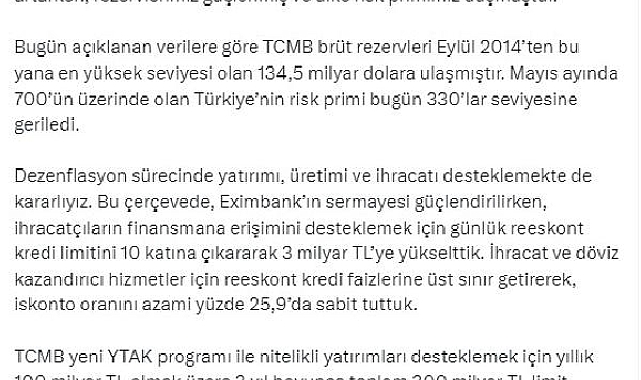 Bakan Şimşek; ülke risk primimiz düşmüştür