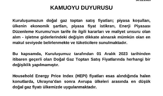 BOTAŞ: Aralıkta doğal gaz fiyatlarında değişiklik yapılmadı