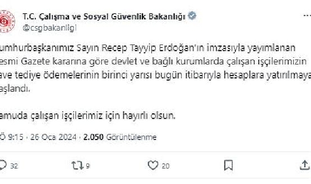 Kamu işçilerinin ilave tediye ödemeleri başladı