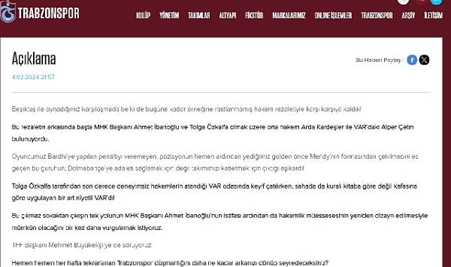 Trabzonspor'dan hakem ve VAR'a sert tepki