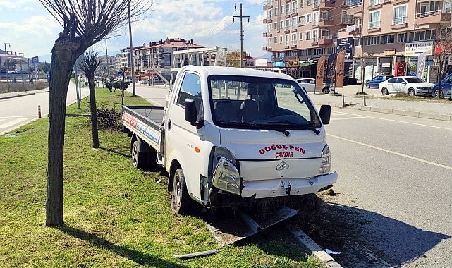 Lastiği patlayan kamyonet refüje çıkıp ağacı devirdi
