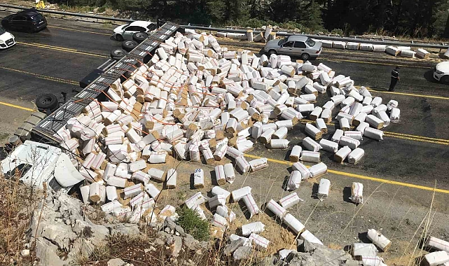 Antalya'da saman yüklü tır devrildi, sürücü yaralandı